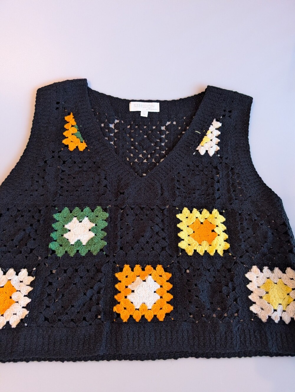Granny Square Black Cropped Crochet Sweater Vest Sz Large